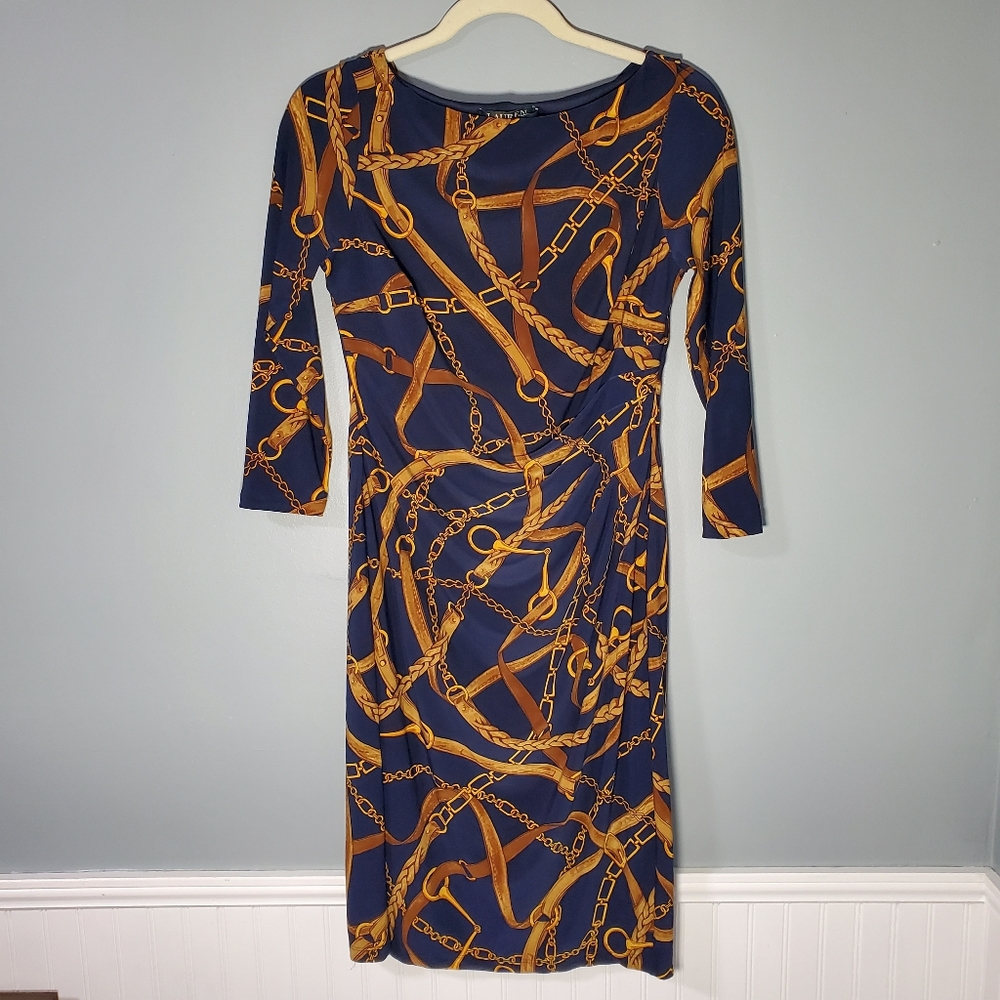 LAUREN Ralph Lauren Horse Bit and Bridle Navy Blue Equestrian Dress